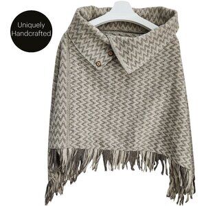 Handmade Beige/Grey Zig-Zag Woven Wool Poncho / Cape (one size)